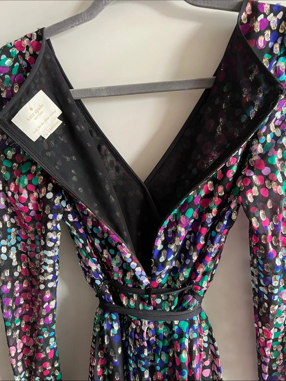 Like NEW! Kate Spade Black Multi Metallic Wrap Dress with fringe tie belt. 0.